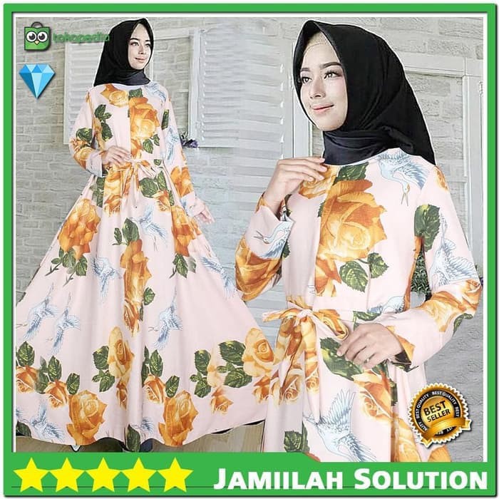 Baju Gamis Wanita Syari Motif Bunga Pinggang Belakang Karet Baloteli
