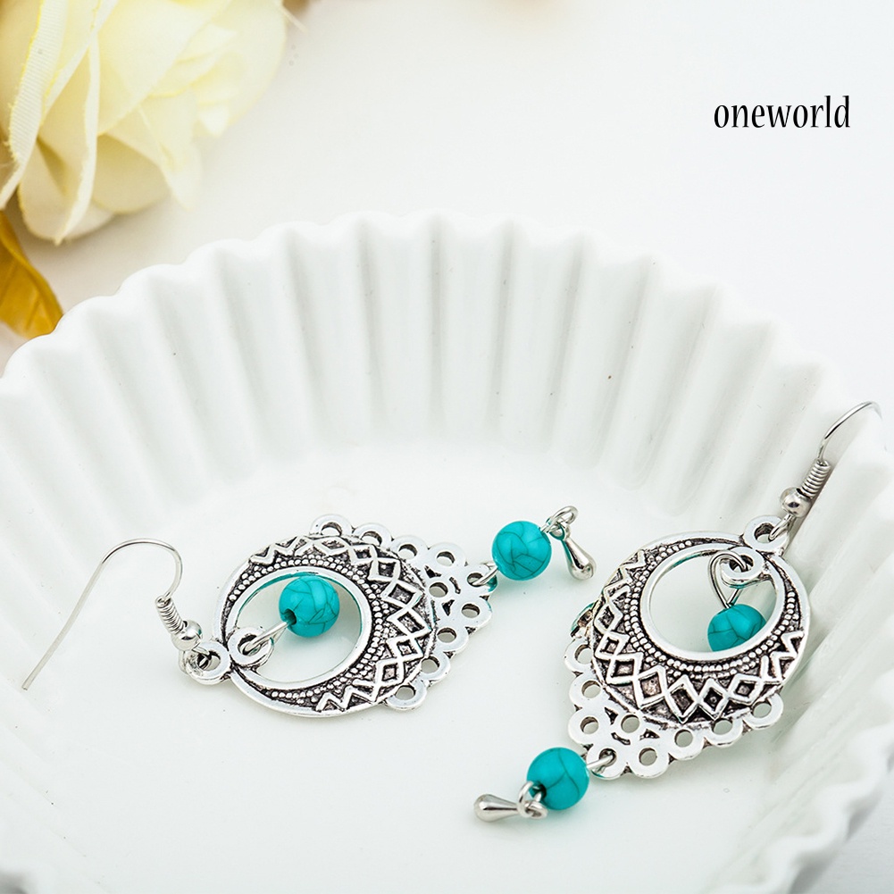 OW@ Boho Women Turquoise Bead Dangle Hollow Charm Hook Earrings Wedding Jewelry