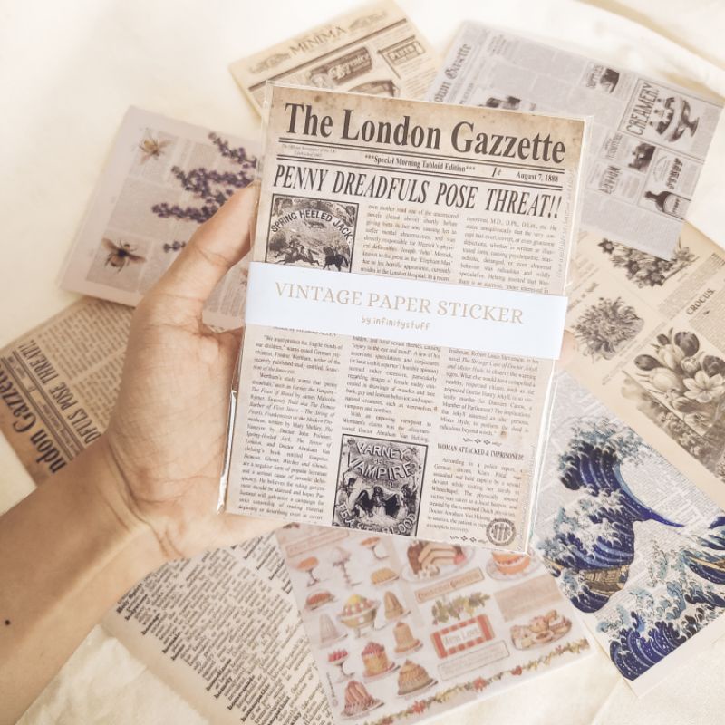 

[INFINITYSTUFF] isi 9pcs uk A6 sticker vintage paper untuk journal jurnal bujo