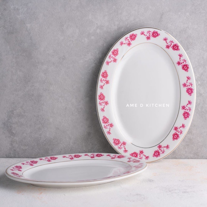 SALE Piring oval keramik tebal small bunga pink list emas