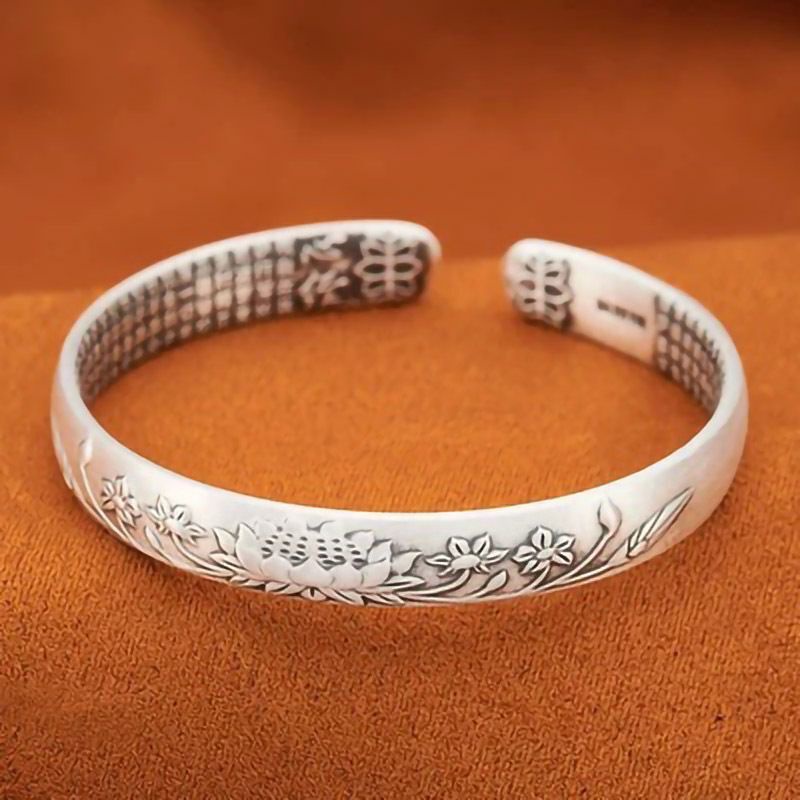 Gelang Model Terbuka Bahan 925 Silver Desain Teratai Hannya Shingyo Gaya Vintage Untuk Wanita