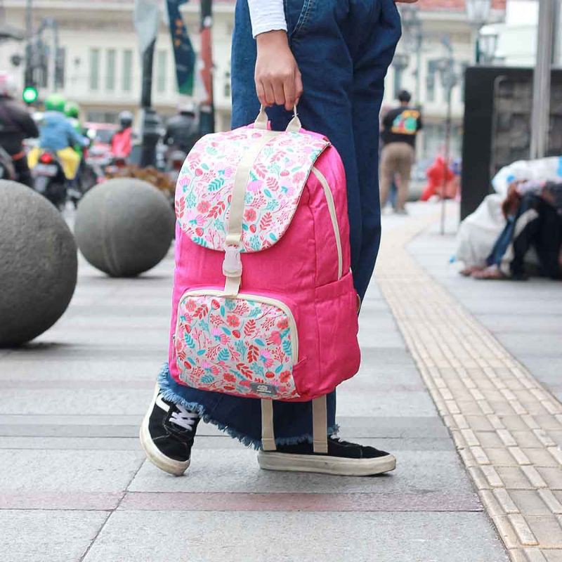 Herbie - Tas Backpack Wanita Terbaru Pink Motif Bunga | Tas Ransel Punggung Cantik Kekinian | Tas Sekolah Kuliah Kerja Cewek Premium Material