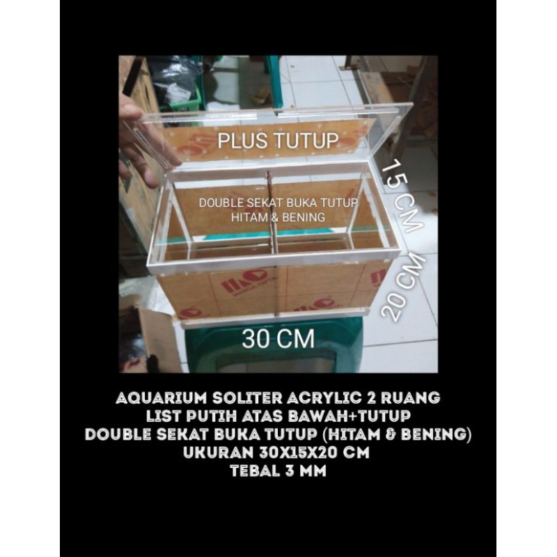 AQUARIUM SOLITER CUPANG ACRYLIC LIST PUTIH 2 RUANG FREE TUTUP 30X15X20 CM - DOUBLE SEKAT BUKA TUTUP