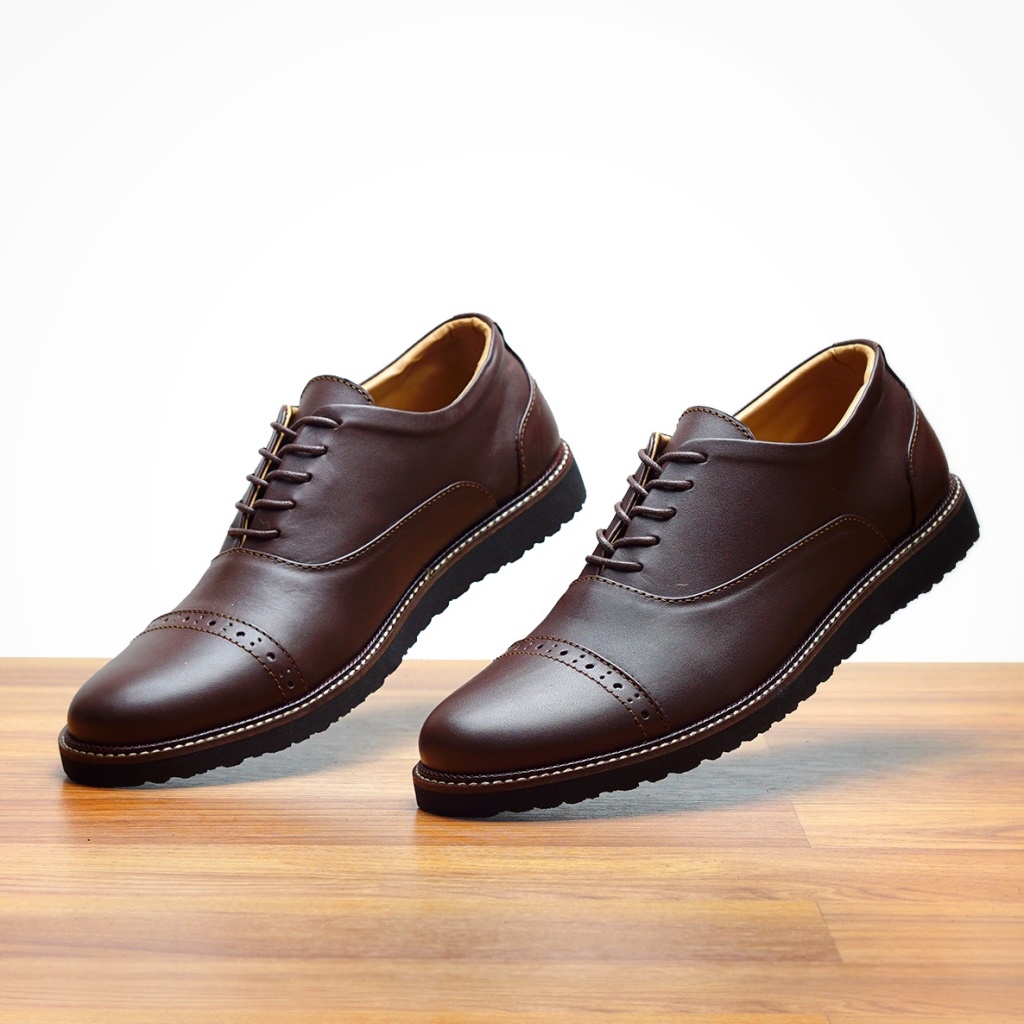 JAZZ 01 BROWN ORIGINAL x REYL MAN Sepatu Kulit Sapi Asli Coklat Pria Formal Pantofel Kerja Kantor Dinas Resmi Guru Kantoran Pesta Undangan Kondangan Nikah Modern Casual Oxford 1.0 Genuine Leather Footwear Big Size Jumbo Ukuran Besar 44 45 Keren Kekinian