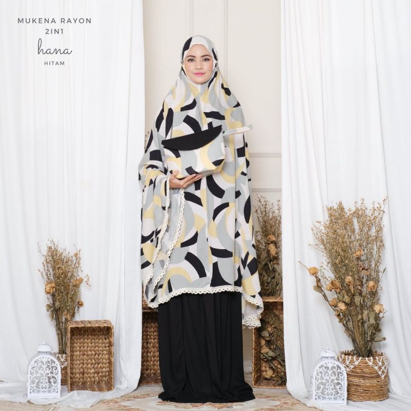 Raszi Official Mukenah Dewasa Katun Rayon Premium Hana Motif 2in1 Warna Hitam List Renda Rajut