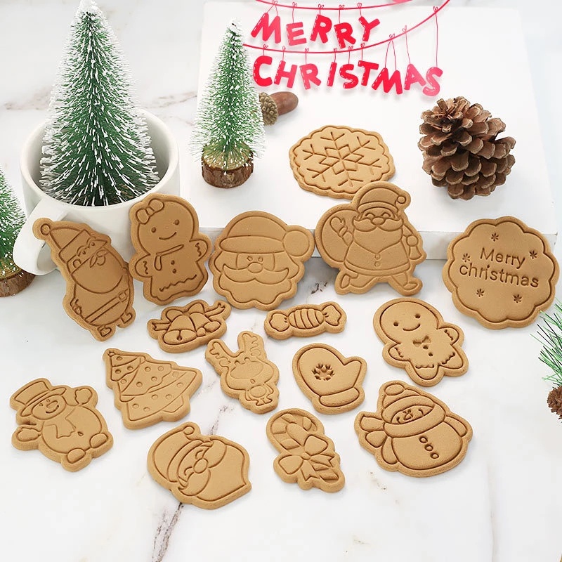 8pcs Cetakan Pemotong Kue / Biskuit Bentuk Kartun 3D Untuk Dekorasi Natal