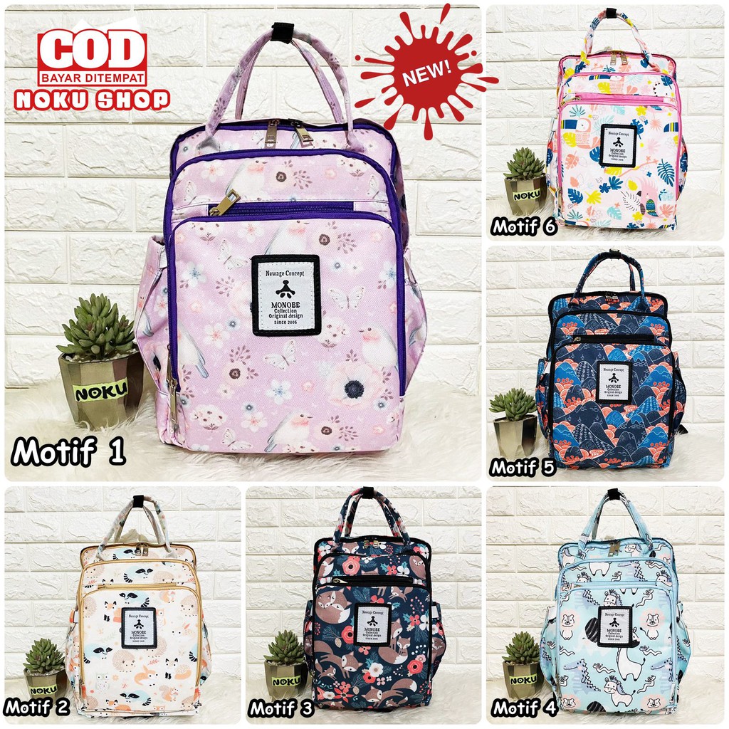 MONOBE Diaper Bag Motif / Tas Ransel Perlengkapan Bayi 2in1 / Tas Popok Traveling