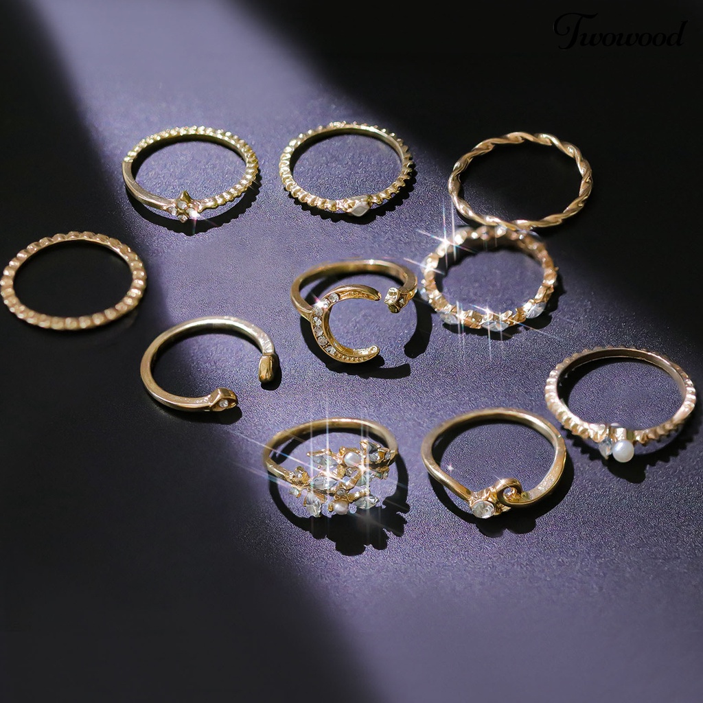 Twowood 10Pcs Metal Ring Irregular Exquisite Alloy Cubic Zirconia Jewelry Ring for Daily Wear