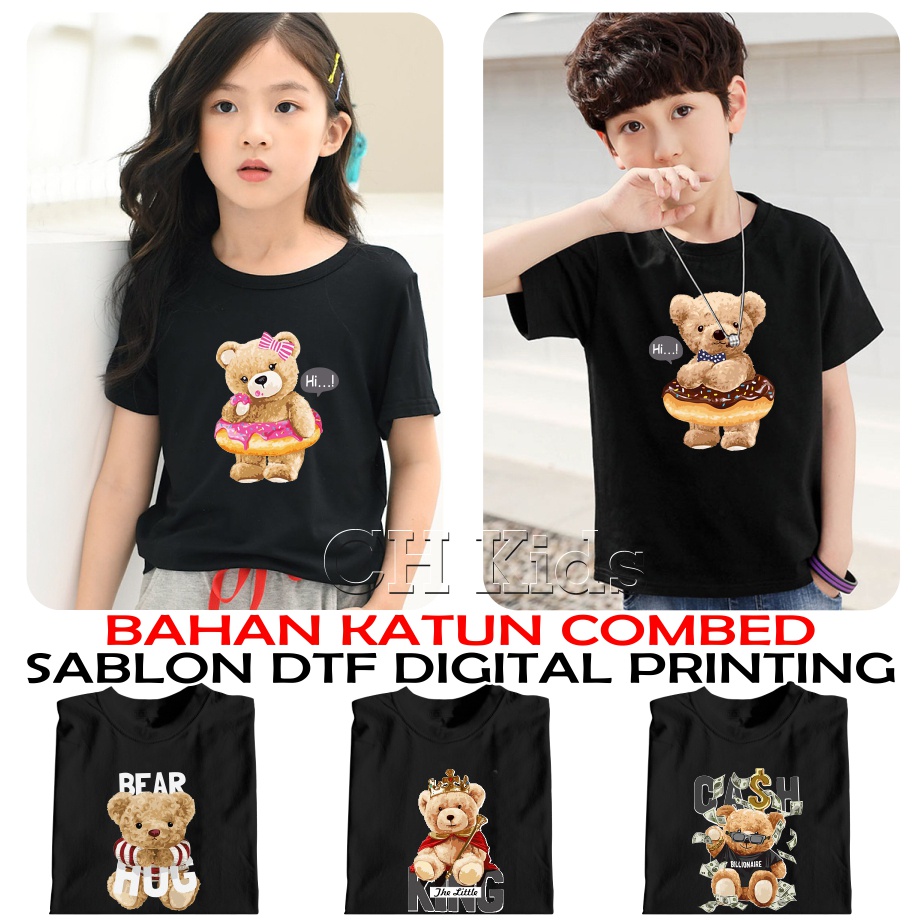 kaos anak bear viral DTF printing bahan katun combed/ baju anak laki laki bear/ kaos anak laki laki/