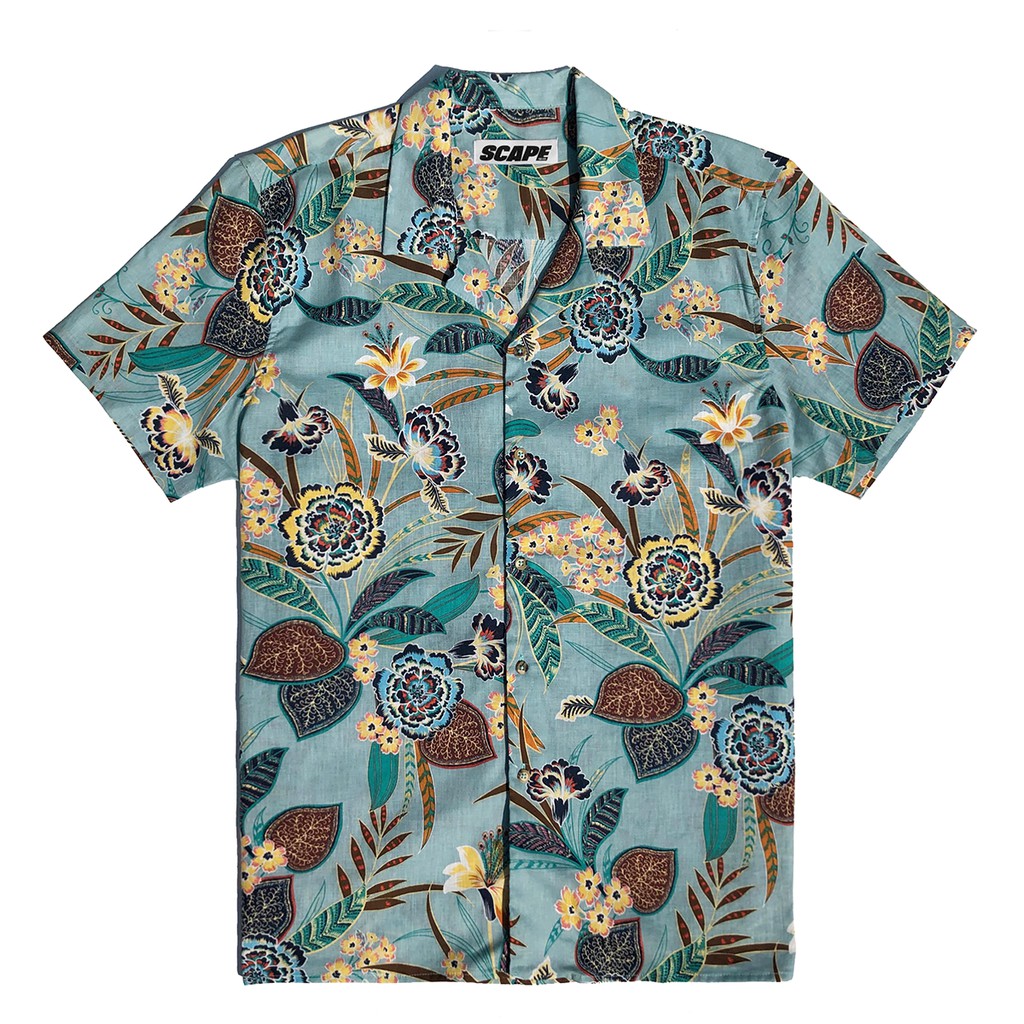 Original Scape Gear Regale Linen Kemeja Kasual Motif Floral Pantai Hawai Baju Pakaian Biru Shirt Bat