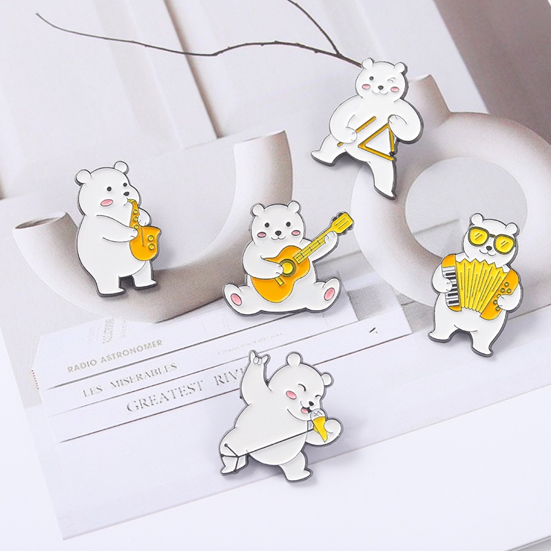 White Bear Animal Cartoon Bear Musical Instrument Enamel Lapel Pins Badge Brooches Jewelry for Backpack Girls Women Clothes
