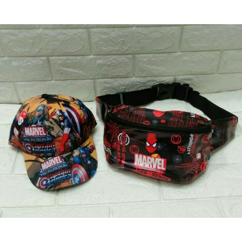 marvel 2in1 tas selempang dan topi anak laki laki waistbag anak topi anak tas selempang anak laki