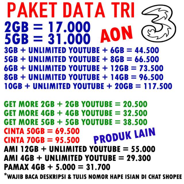 "TERMURAH" TRI 12GB UNLIMITED YOUTUBE TRI 33GB CINTA GET MORE AON UNLIMITED [ INJEK &amp; VOUCHER ]