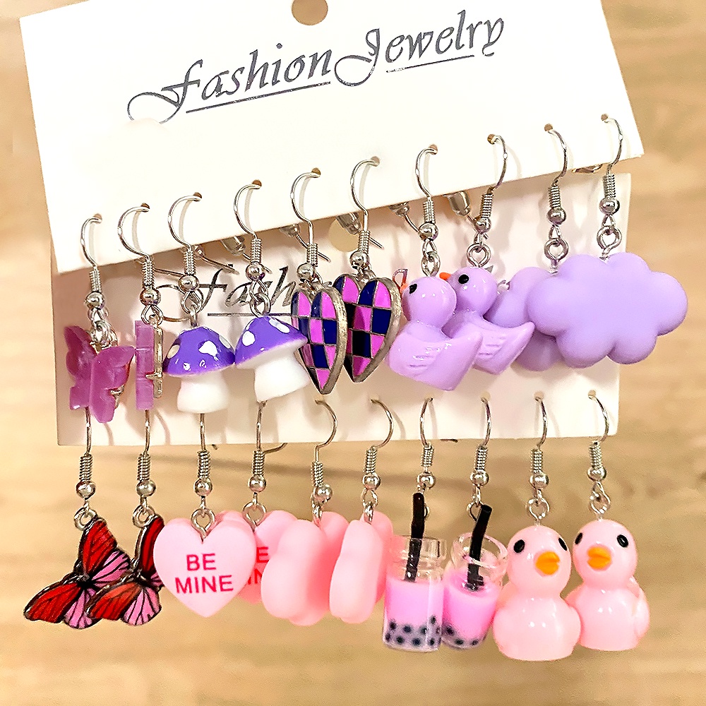 Set Anting Juntai Bentuk Kartun Butterfly Duck Heart Heart Untuk Anak Perempuan