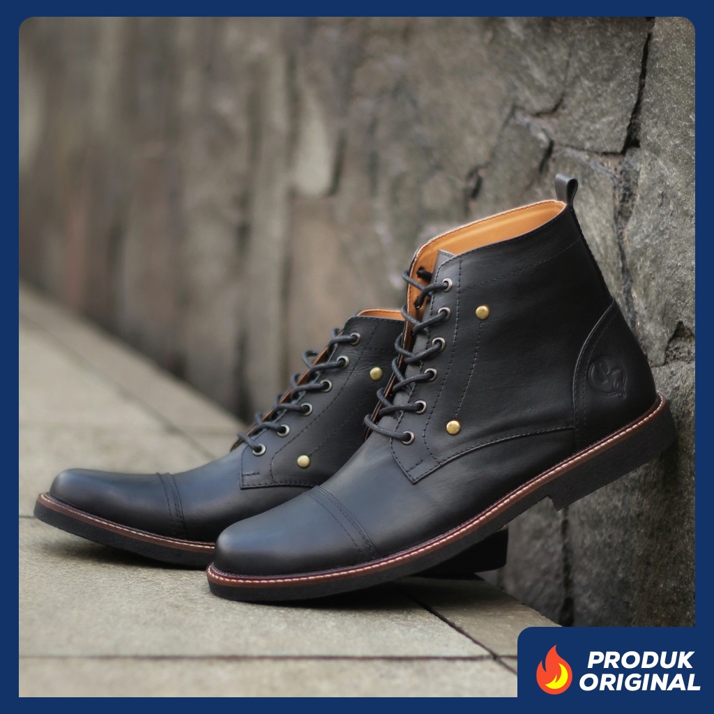 OVERTURE BLACK ORIGINAL x REYL MAN Sepatu Safety Boots Hitam Kulit Sapi Asli Pria Kerja Proyek Lapangan Outdoor Ujung Besi Steel Toe Cap Leather Footwear Motor Touring Boot Casual Bikers Riding High Shoes Big Size Ukuran Jumbo 44 45 Keren Terbaru Kekinian