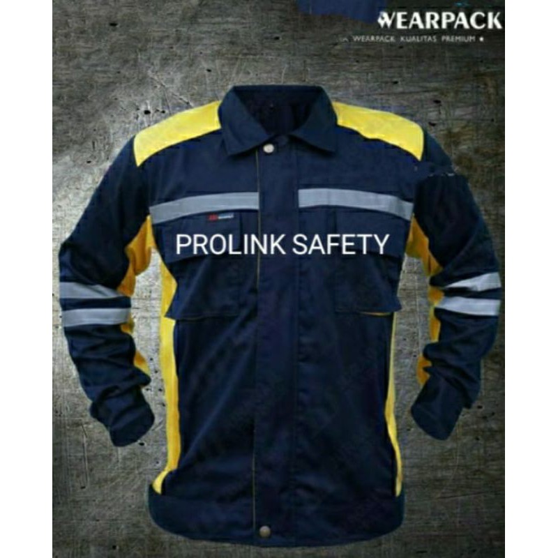 SERAGAM SAFETY SEMI JAKET KUNING KOMBINASI DONGKER RESLETING FREE LOGO K3 BENDERA LARIS KAIN DRILL