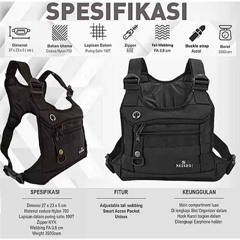 Tas dada pria tactical Chest bag rig Neisda black V2