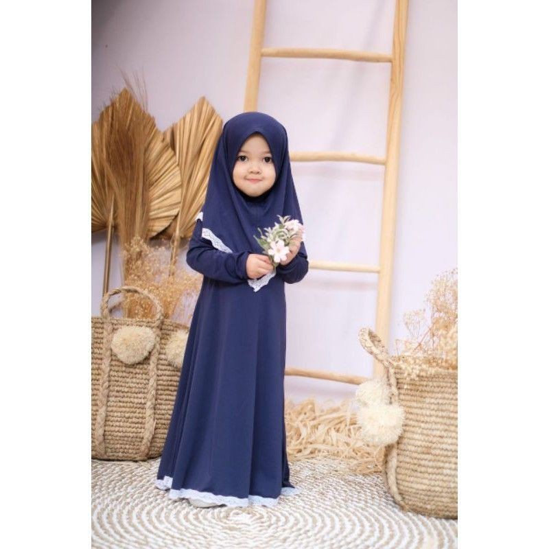 Gamis Meca Set Hijab Anak Perempuan Usia 6 Bulan-2 Tahun |Setelan Busana Bju Syari Bayi Terbaru 8 bln-1 Thn|Stelan Pakaian Tanggung Little Pineapple Baju Muslim Lucu