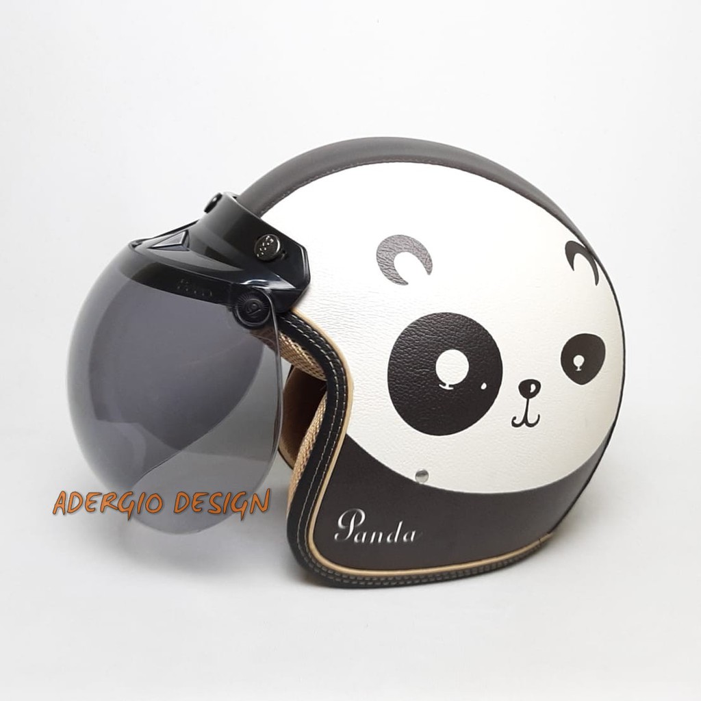 Helm Half Face Dewasa Full Kulit Karakter Panda Hitam Bogo Retro Original
