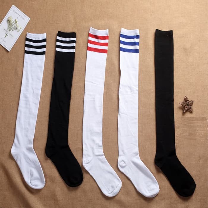 OKST kaos kaki atas lutut overknee socks panjang polos strip sock seragam