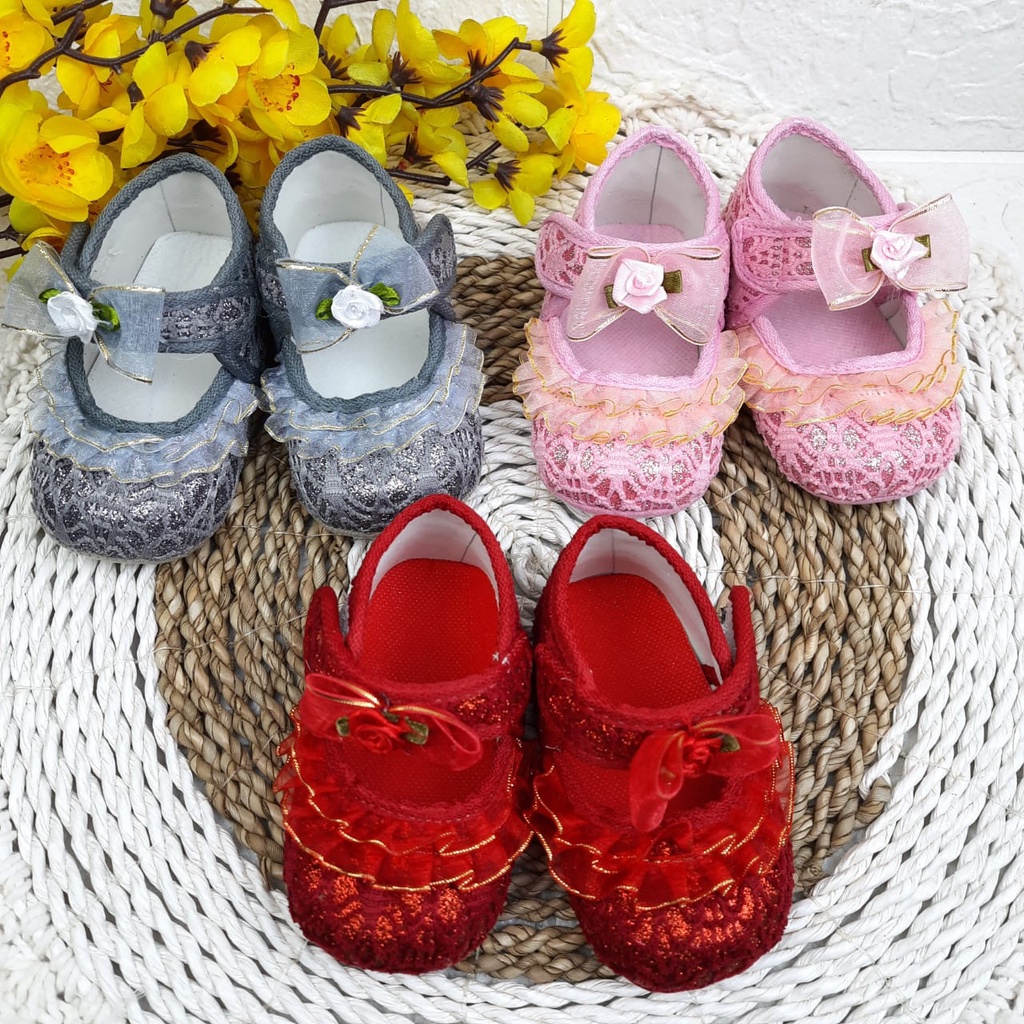 SEPATU BABY PREWALKER BAYI ANAK PEREMPUAN RENDA PITA BROKAT 0--12 BULAN FP19