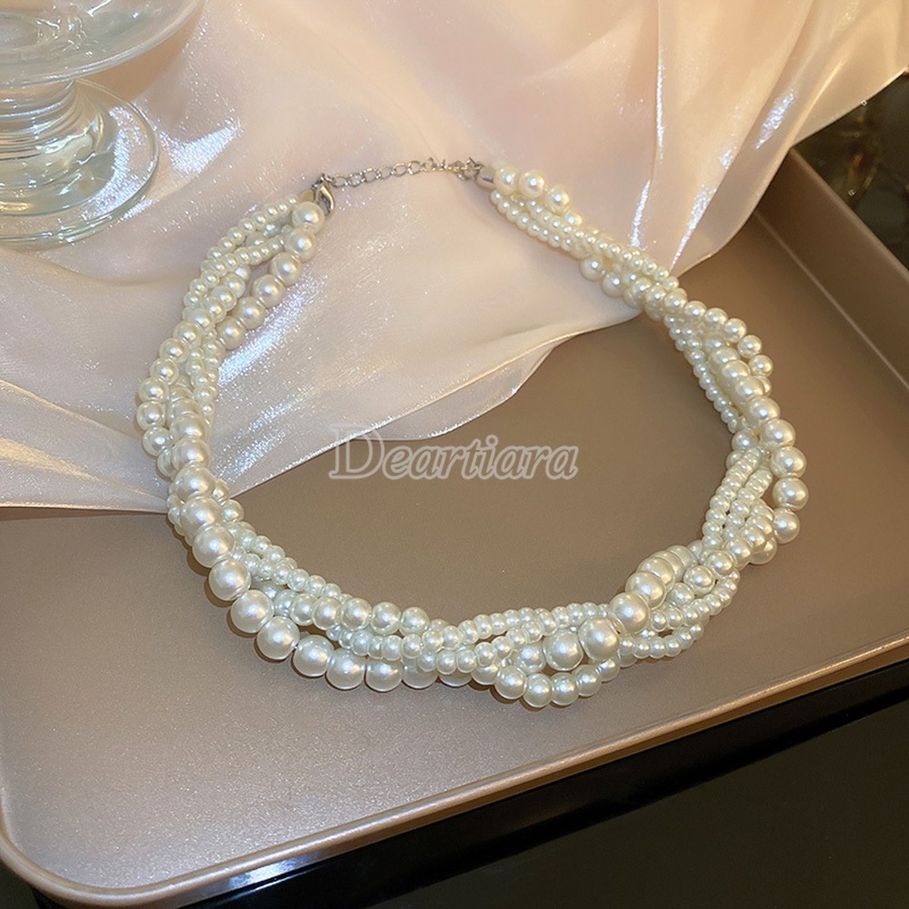 Kalung Multilayer Aksen Mutiara Gaya Retro Perancis