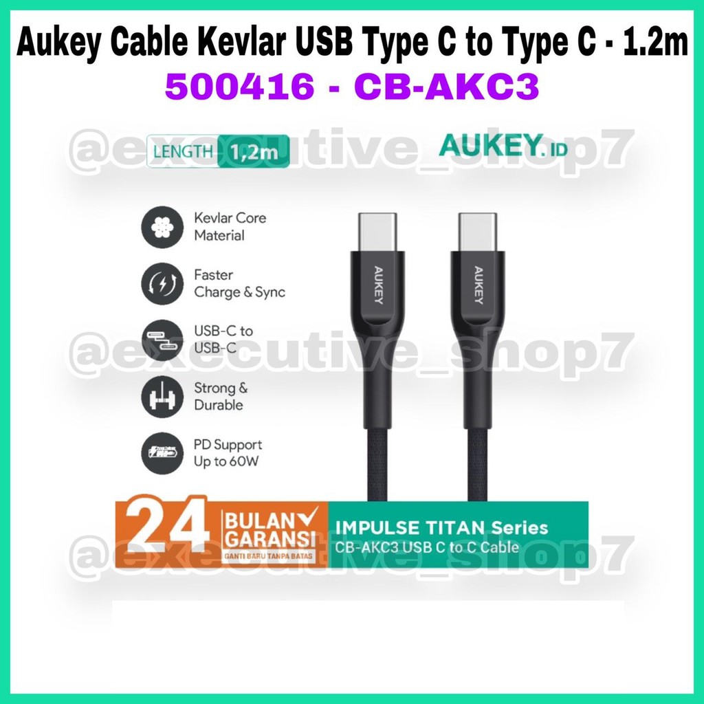 Aukey Cable Kevlar Type C to Type C - 1.2m - 500416 - CB-AKC3