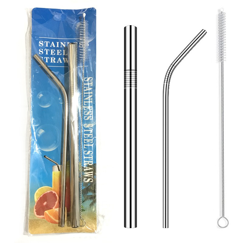 PAKET 3IN1 SIKAT SEDOTAN SILVER Stainless Steel lurus + melengkung Sedotan Stainless