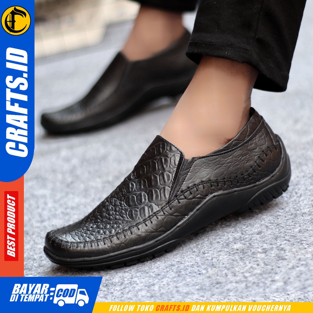 Sepatu Slip On Pria Sepatu Casual Pria Formal Kulit Asli Sepatu Pantofel Kerja Kantor Kuliah Kondangan Sepatu Slop Pria Sepatu Hitam Pria CRAFTS CROCO