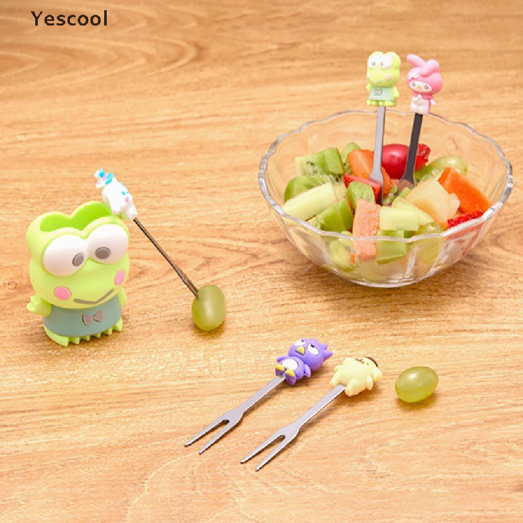 5pcs / Set Garpu Buah / Dessert Bahan Stainless Steel Motif Kartun Dengan Holder