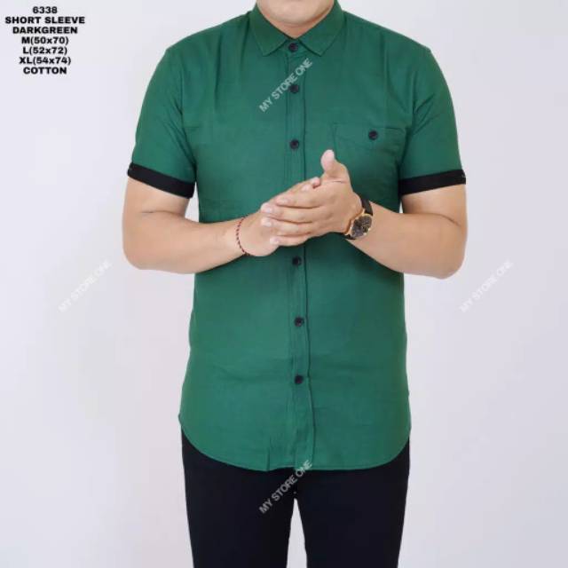 BAYAR COD KEMEJA HEM PRIA POLOS LENGAN PENDEK HIJAU TUA BAJU COWOK FORMAL KASUAL KULIAH DISTRO