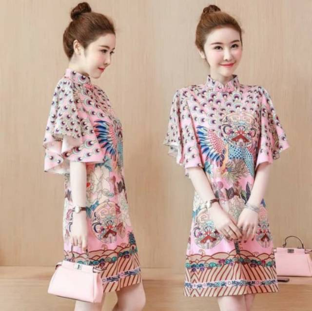 Dress Cheongsam Pink Murah Baju Imlek Congsam Qipao Merak Wanita