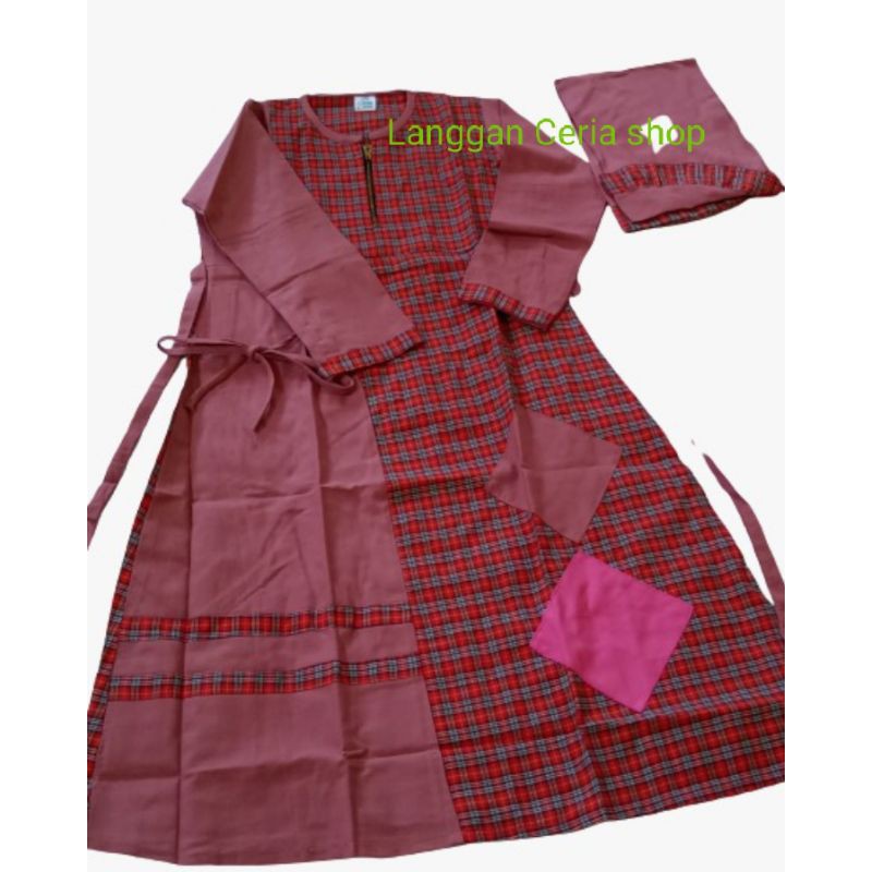 Gamis katun kombinasi kotak/Gamis anak salur variasi polos/Gamis ngaji TPQ murah