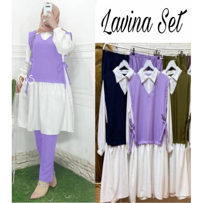 SET CELANA LAVINA 3IN1, MOSCREPE, GAMIS HIJAB MUSLIM, SETELAN