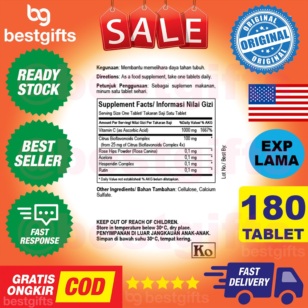 GNC VITAMIN VIT C 1000 MG TIMED RELEASE ANTIOKSIDAN KEKEBALAN DAYA TAHAN TUBUH COLLAGEN 180 TABLET