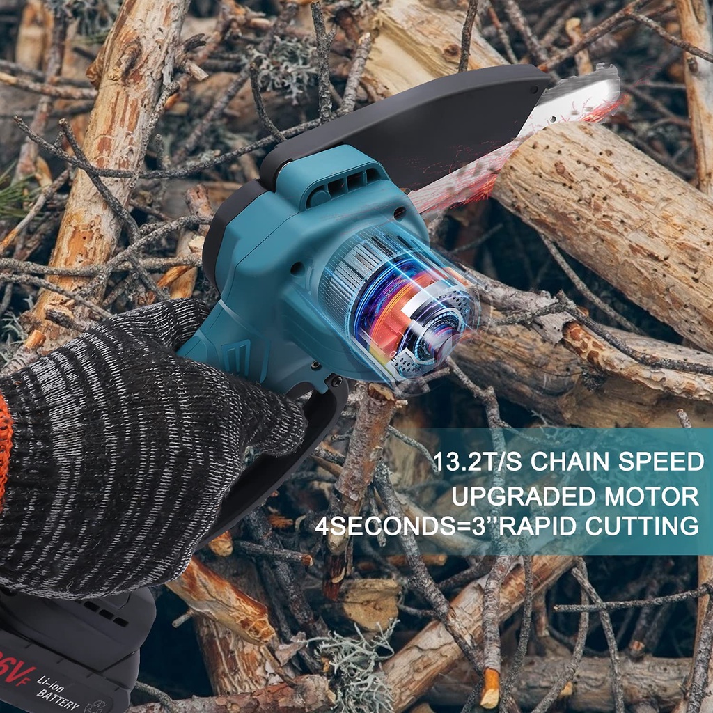 Dagmara Mini Chainsaw, 6-Inch Cordless Chainsaw, Portable Handheld Chain Saw with Rechargeable Battery for Wood Cutting, Tree Branches Shears Pruning (Green)