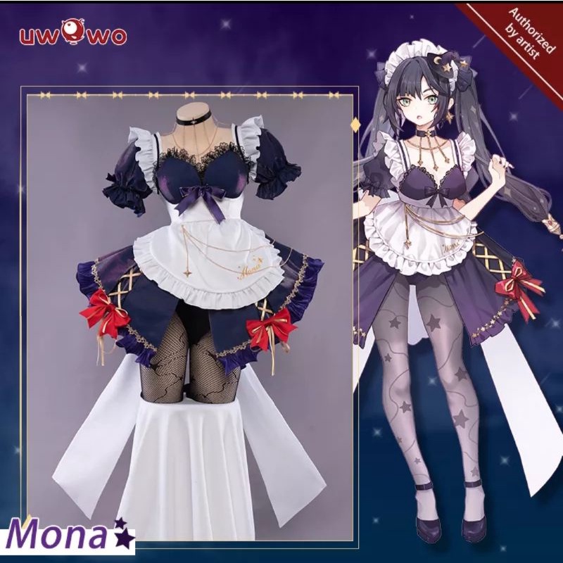 [ RENTAL ] Mona Maid Version Brand Uwowo Cosplay Kostum Genshin Impact Wig Brand Manmei Sepatu
