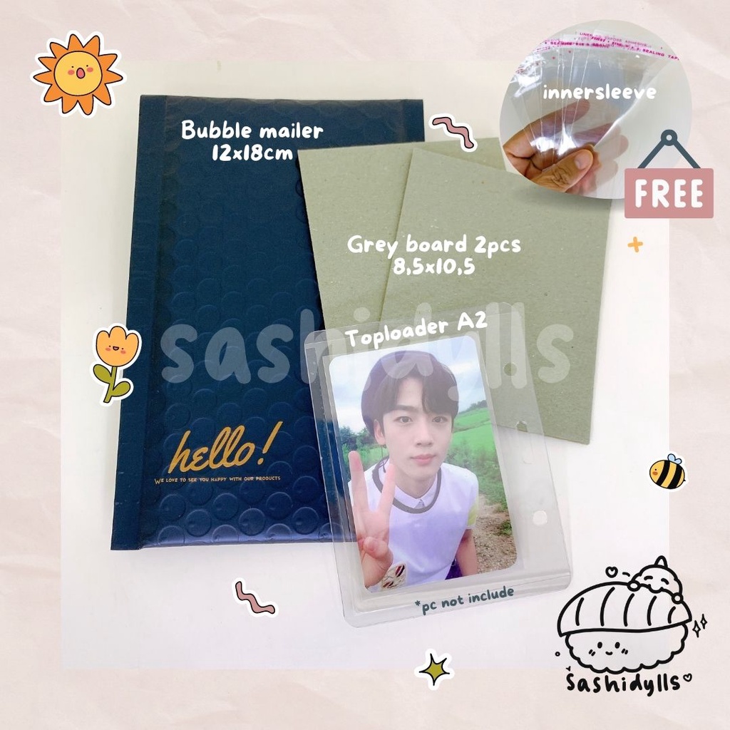 

[BANYAK WARNA DARK BLUE DARK BROWN] ALAT PACKING PHOTOCARD ECOFRIENDLY SET [BUBBLE MAILER + GREY/YELLOW BOARD + TOPLOADER + INNERSLEEVE (POPCORN)]
