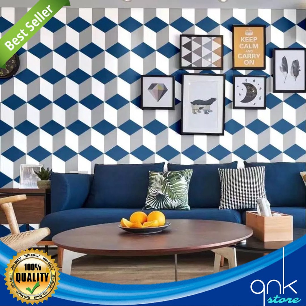 Wallpaper Dinding Motif 3D Kubus 45cm X 10m 3D Kubus Biru Navy  Wallpaper Sticker 3D Kubus Wallstiker Wallpaper Sticker Wallsticker