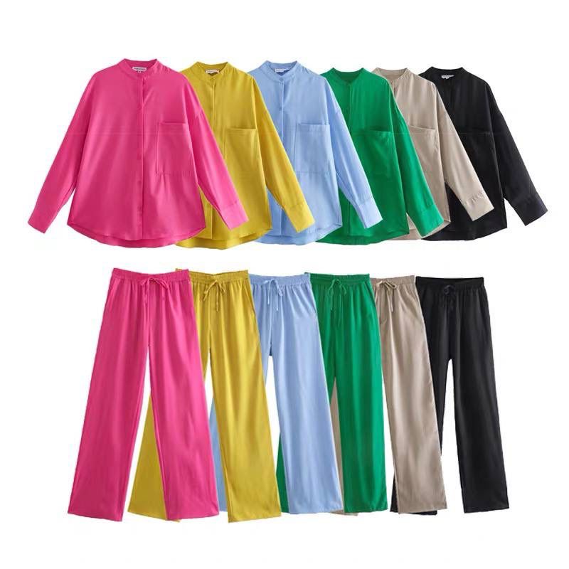 23141 ONE SET BASIC PANJANG POLOS WANITA ATASAN KEMEJA PJ POCKET DEPAN CELANA PINGGANG KARET KELILING FREE TALI SETELAN BASIC WANITA-2