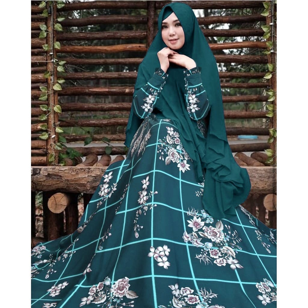 gamis set khimar.kotak bunga mocca