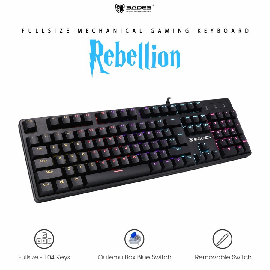 Keyboard gaming sades wired Usb 1.7m  mechanical 104 keys cable Rgb Removable switch Rebellion