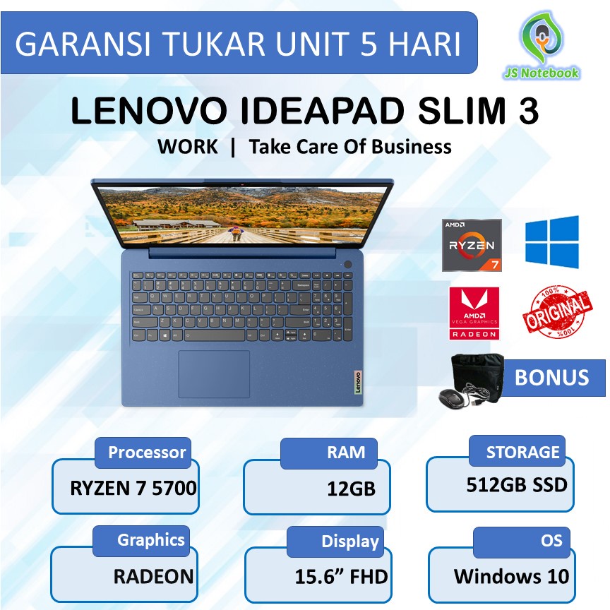 LENOVO IDEAPAD SLIM 3 15 TOUCH RYZEN 7 5700 12GB 512SSD VEGA8 W10 15.6FHD IPS ABYSS BLUE
