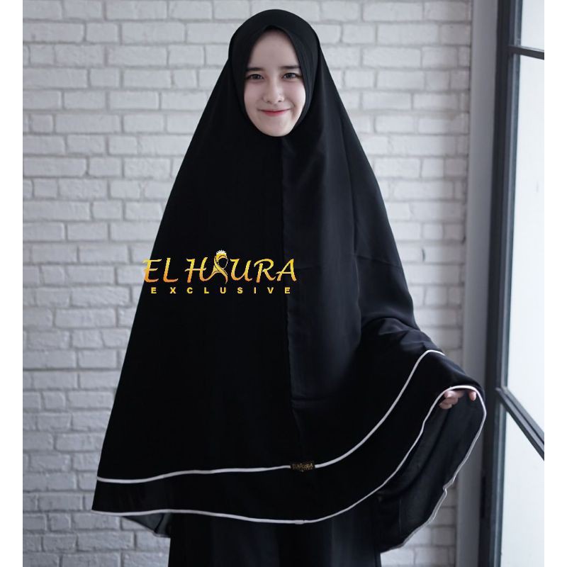 Jilbab Sifon Silk Jet Black 2 layer Elhaura