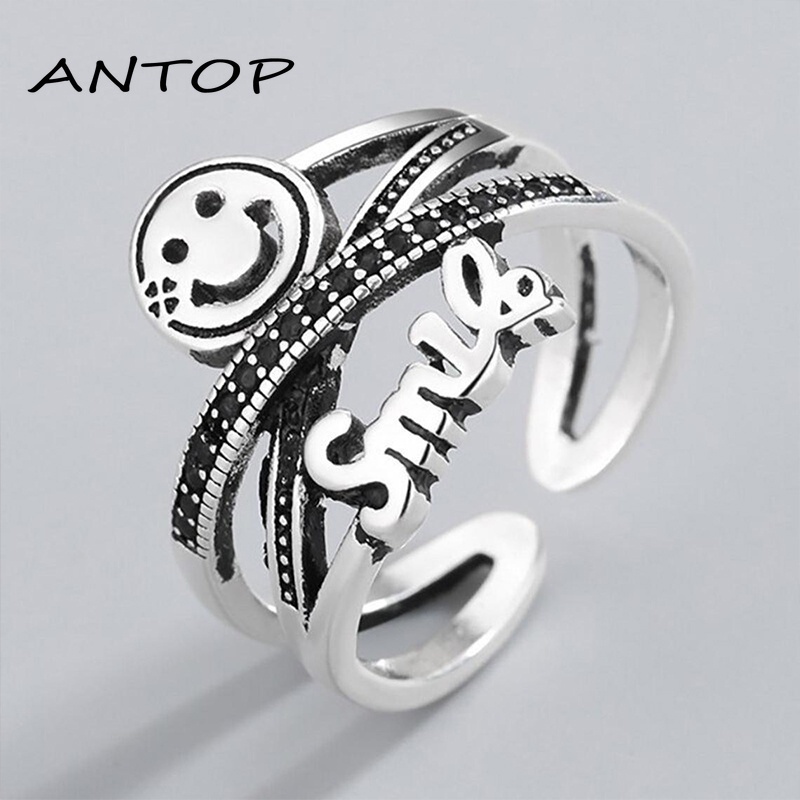 Smiley Surat Cincin Kepribadian Wanita Retro Pembukaan Adjustable Pasangan Cincin Perhiasan  ANTOP