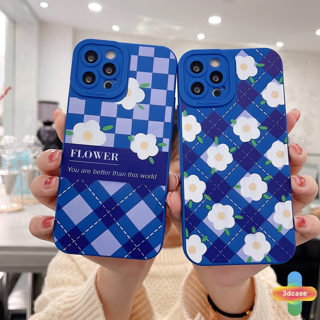 Soft TPU Case Compatible For IPhone 7 Plus 11 6 6S 8 Plus XR 11 12 13 PRO MAX X XS MAX Se 2020 6SPlus 7Plus 6Plus 8Plus XSMAX Klein Blue Plaid White Flower Anti-fall Case