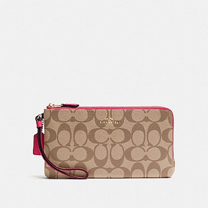 Coach Signature Pvc Double Zip Wallet / Wristlet In Khaki Pink (C54057)