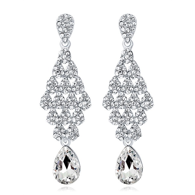 LRC Anting Tusuk Fashion Silver Color Full Diamond Decorated Waterdrop Shape Earrings