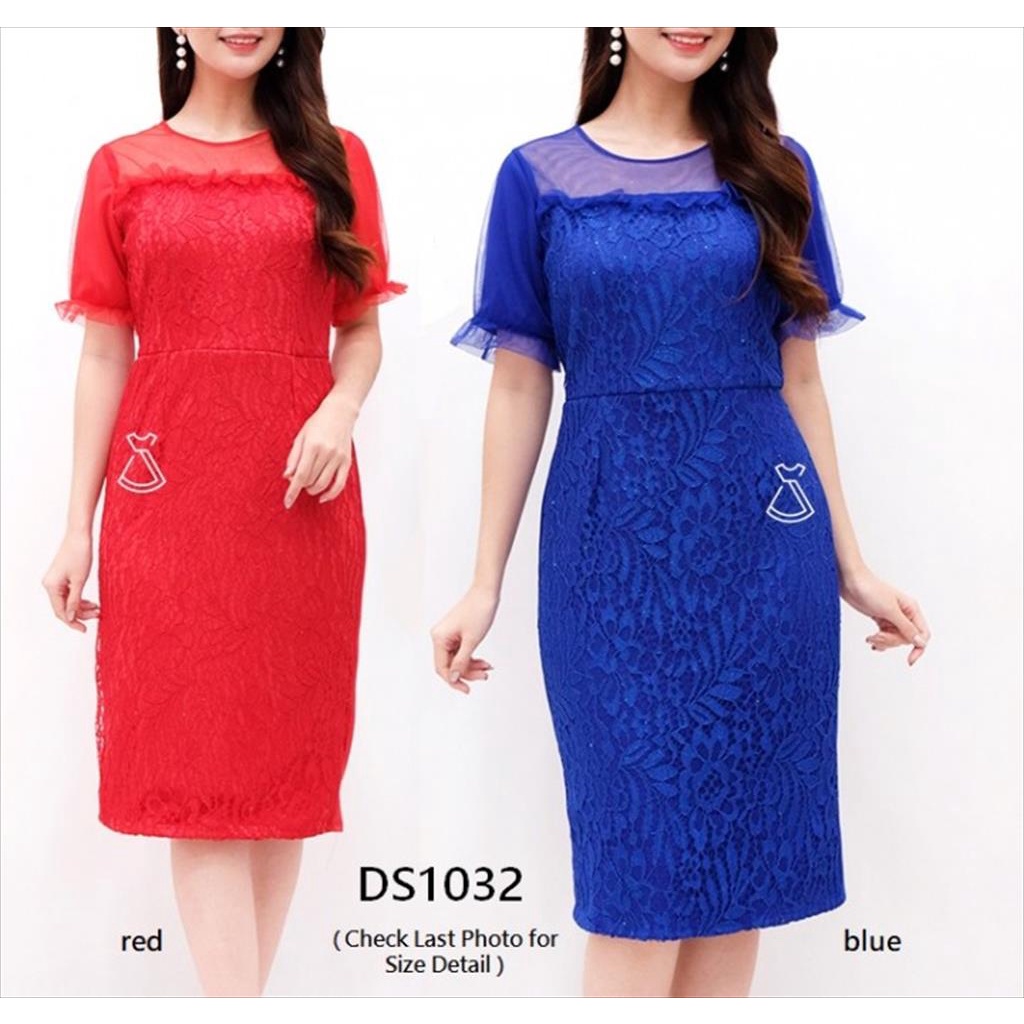 DS1032 - dress pesta brukat lace tile premium scuba sepan midi wanita elegan