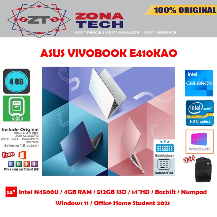 asus vivobook e410kao   intel n4500u    4gb   512gb ssd   numpad   backlit   14 hd    win11   ohs 20